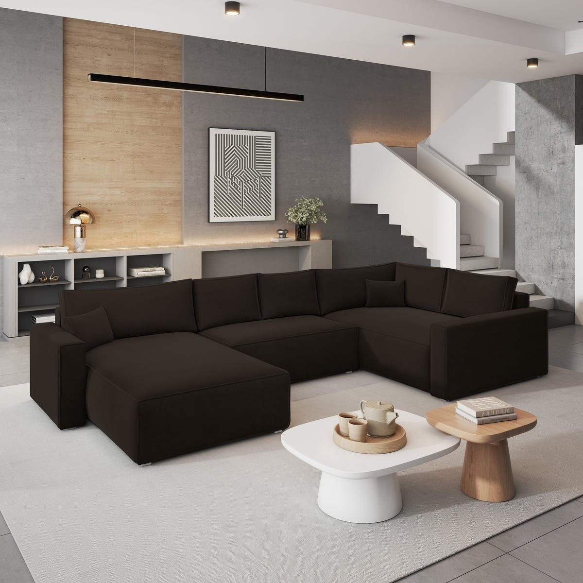 WOHNLANDSCHAFT VELAMI R-S Braun Velours-Stoff mit Schlaffunktion - Braun, Holz (365/83/194cm) - MASSENO
