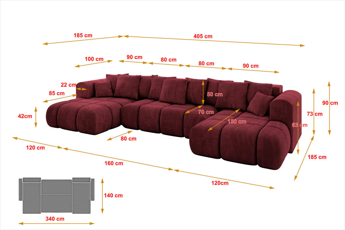 WOHNLANDSCHAFT CLOUD-U-v1 405x185x90 Bordeaux Velours - Bordeaux, Holzwerkstoff/Kunststoff (405/90/185cm) - ALTDECOR