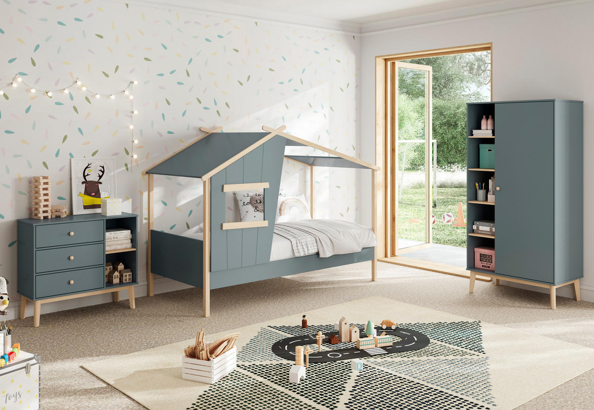 HÜTTENBETT mit schrägem Dach und verspieltem Fenster 90x190 cm 103/215,4/158.5 cm - Grün, Holz (90/190cm) - Calicosy