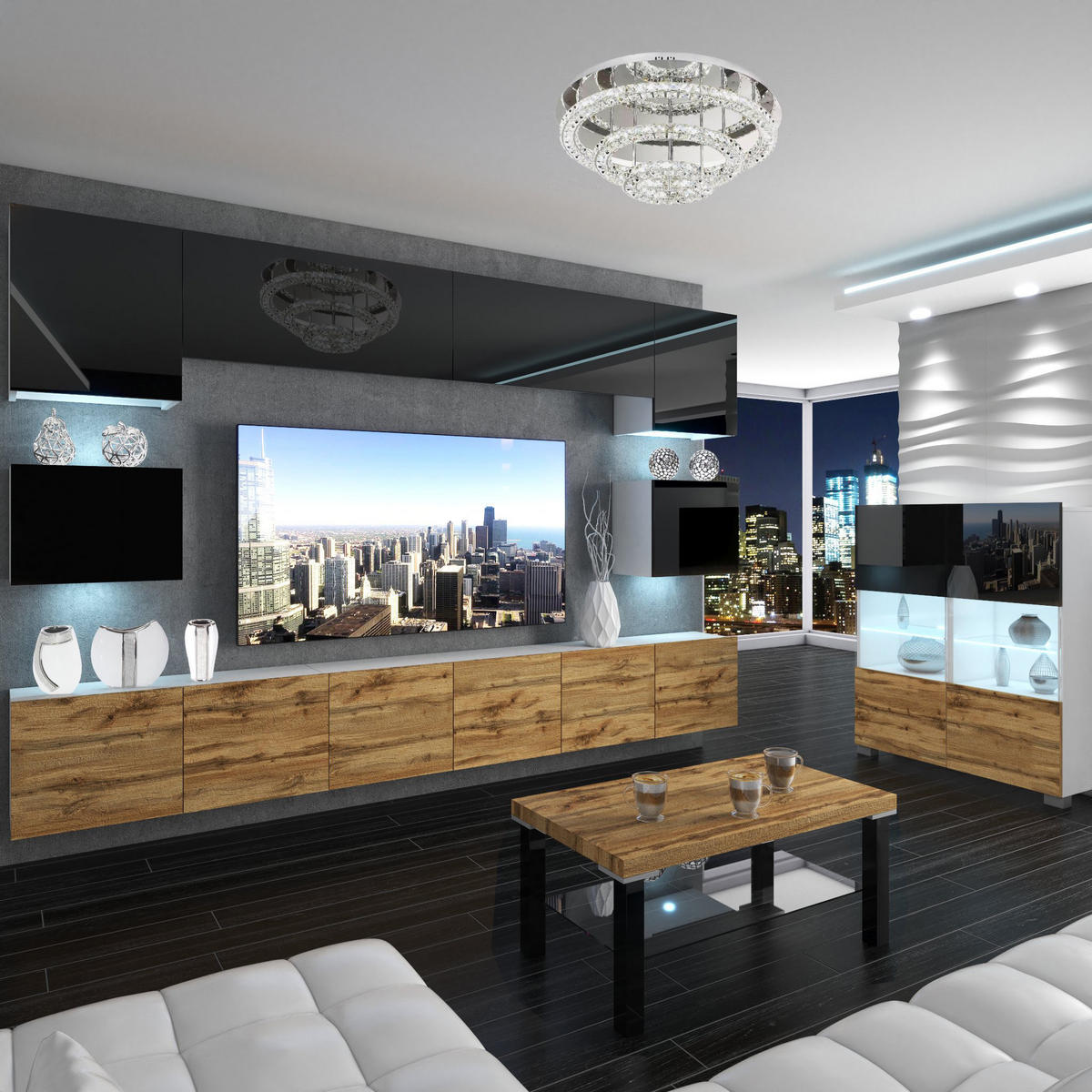 WOHNZIMMERWAND Schrankwand mit LED Schwarz Top / Wotan Eiche - Eichefarben/Schwarz, Holz (300/180/36cm) - B BELINI GROUP