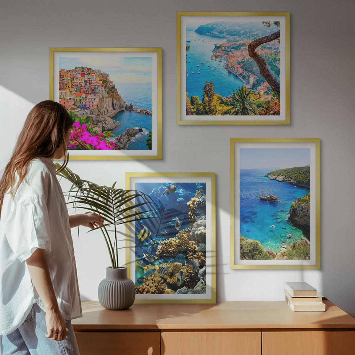 WANDBILDER 4er Set - 50x50 cm & 40x60 cm Goldrahmen - Meerblick, farbenfrohe Häuser - Goldfarben, Kunststoff (50/50cm) - ArtPrintCave