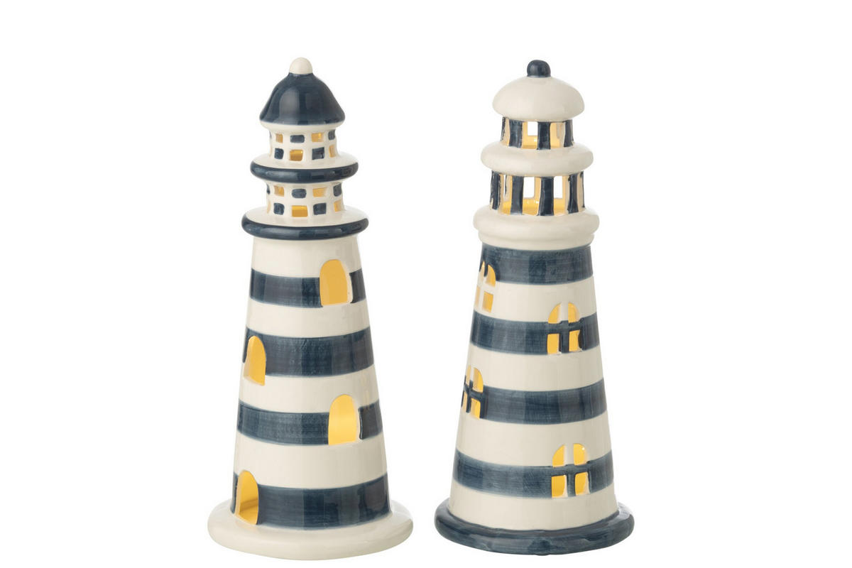 DEKOOBJEKT LEUCHTTURM GESTREIFT (2ER SET) - Blau, Keramik (11.5/26.5/11.5cm) - J-Line