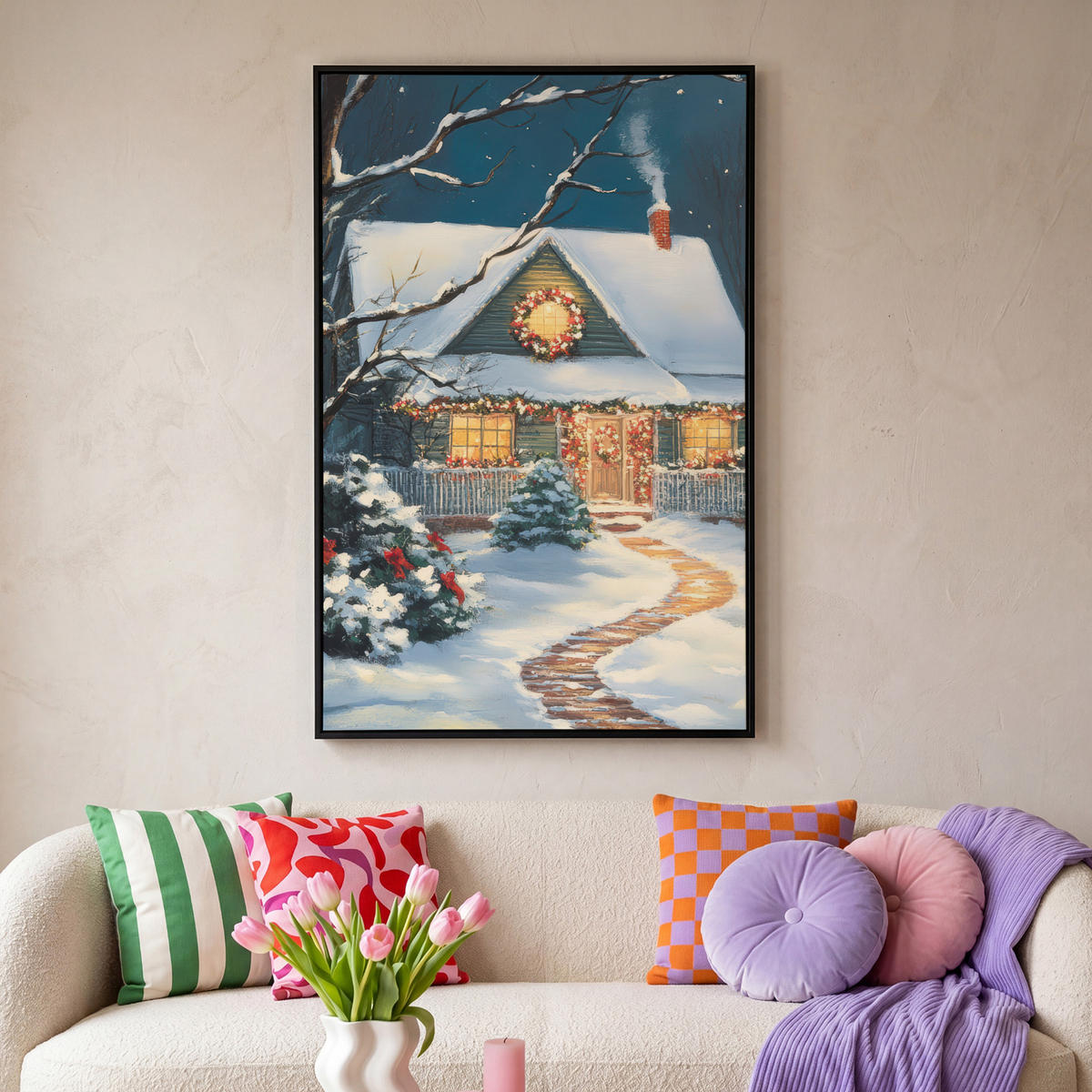 LEINWAND Bilder mit Rahmen - Weihnachten - Weihnachtsbaum - Winter - Zuhause - Schnee - 90x140 - Smaragdgrün, Textil (90/140cm) - MuchoWow