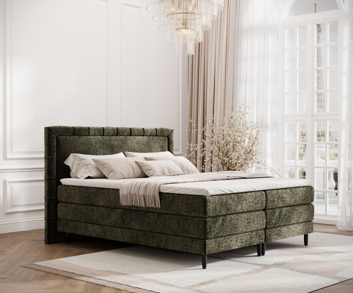 BOXSPRINGBETT Rimini Olivenfarbe 180/200 cm mit Matratze und Topper - Schwarz/Olivgrün, Holz/Holzwerkstoff (180/200cm) - Maison de Reve
