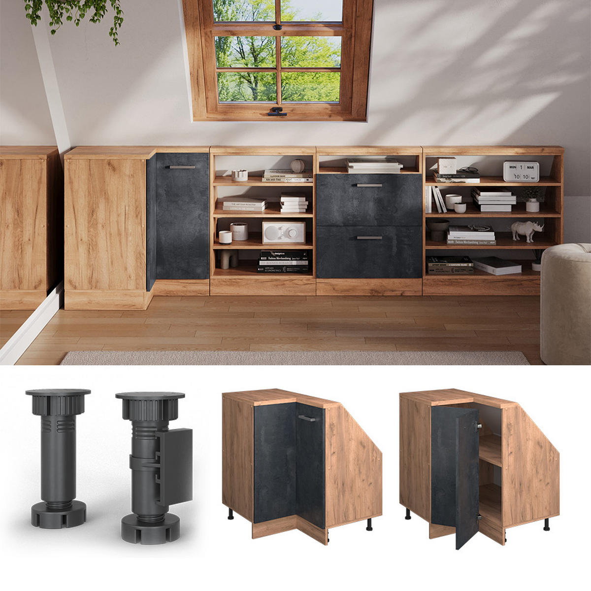 DACHSCHRÄGENSCHRANK ECKSCHRANK Rion Schwarz Beton/Goldkraft Eiche 75.6 x 81.6 cm mit 1 Tür - Honigeiche/Schwarz, Holzwerkstoff (75.6/81.6/75.6cm) - Vicco