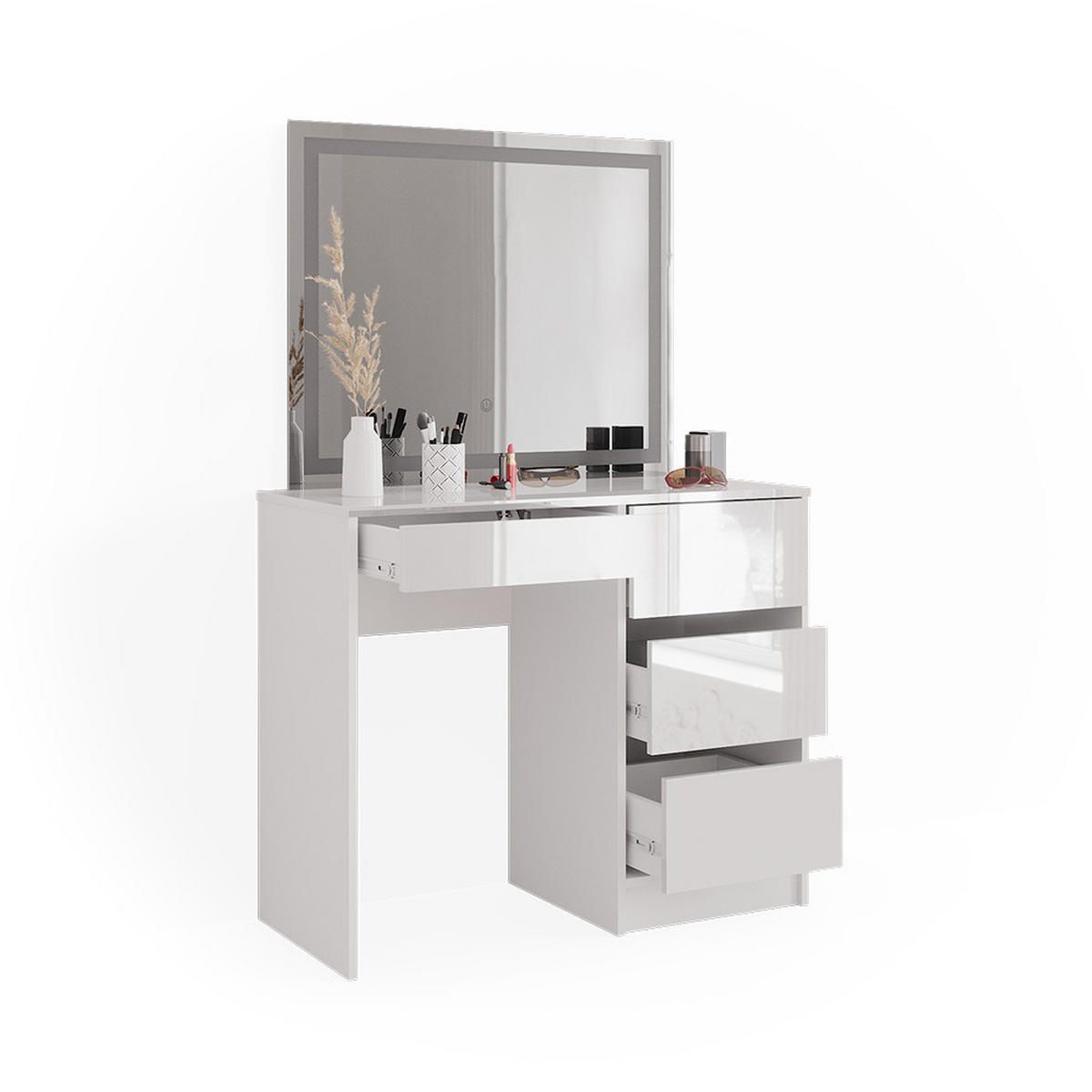 SCHMINKTISCH Sherry Weiß 90 cm mit LED-Spiegel - Weiß Hochglanz, Holzwerkstoff (90/75/40cm) - Vicco