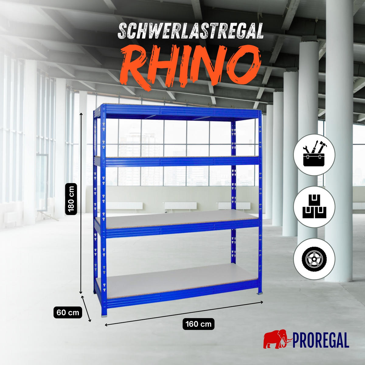 SCHWERLASTREGAL Rhino 180x160x60 cm 4 Melamin-Ebenen 16mm Fachlast 500 kg Blau - Blau/Weiß, Metall (160/180/60cm) - PROREGAL