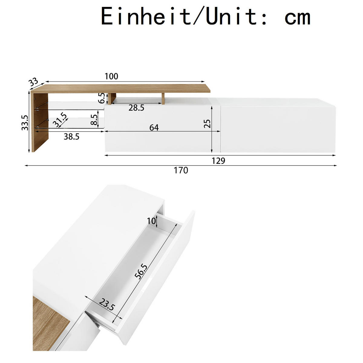LOWBOARD 170/33/33,5 cm aus Spanplatte mit LED-Beleuchtung und Glasböden Weiß/Naturfarben - Weiß, Holzwerkstoff (170/33.5/33cm) - Modenvie