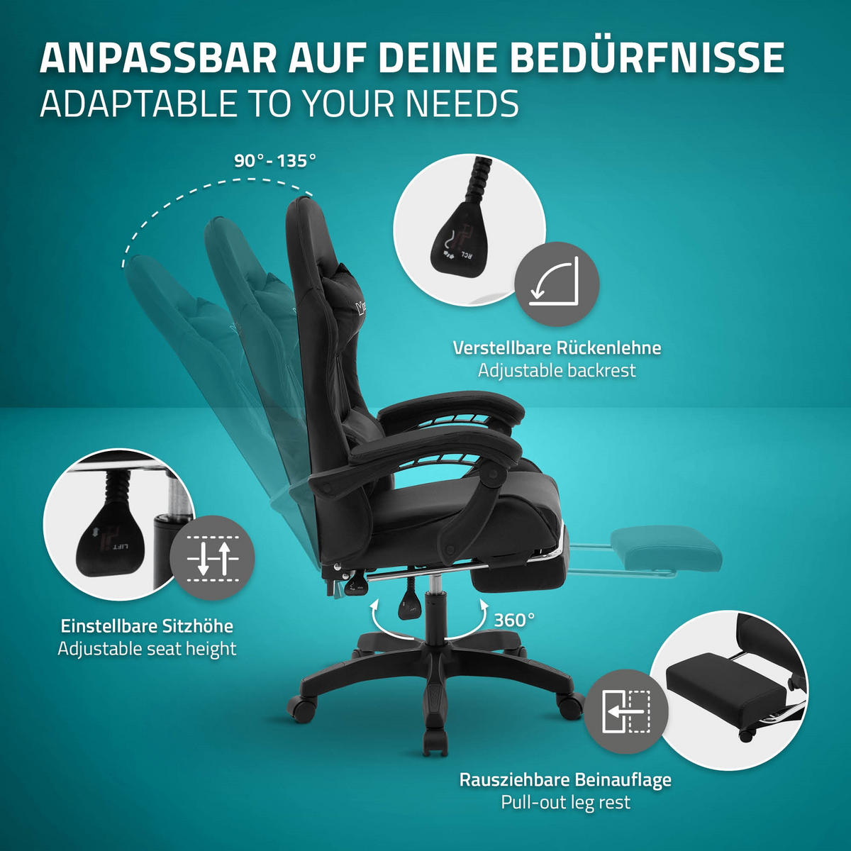 GAMINGSTUHL Schwarz aus Kunstleder - Schwarz, Kunststoff/Metall (62/119/62cm) - ML-DESIGN