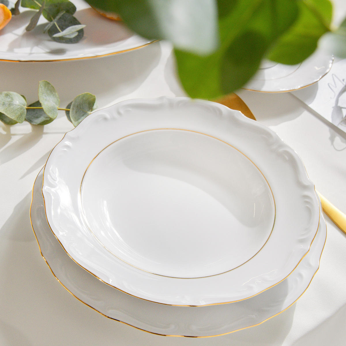 SUPPENTELLER Chodziez MARIA TERESA 6-tlg Porzellan mit Goldrand, Weiß / Gold - Goldfarben/Weiß, Keramik (22cm) - KONSIMO®