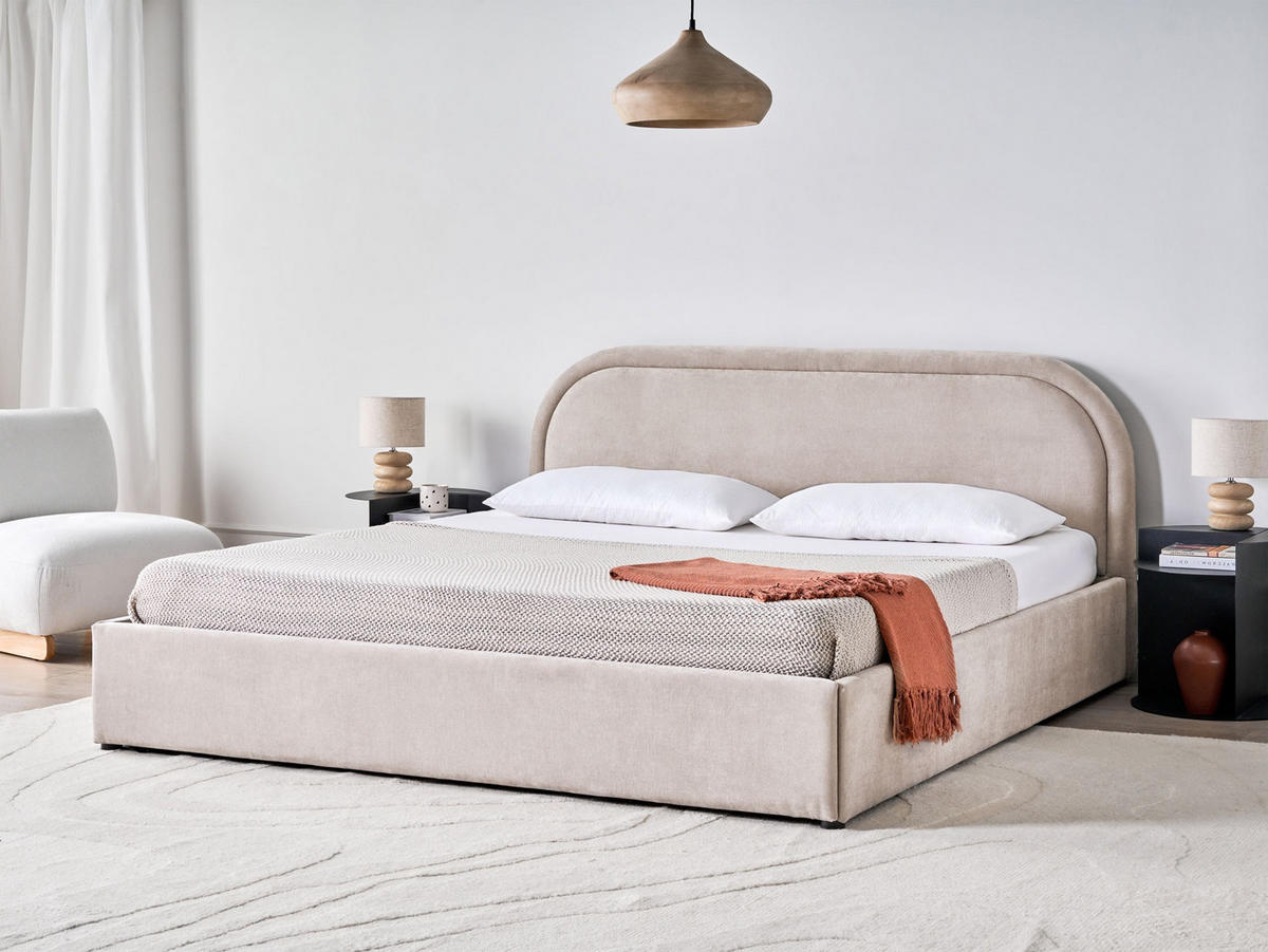 BETT mit Stauraum 180/200 cm Chenillegewebe Taupe Quillien - Taupe, Textil (180/200cm) - Beliani