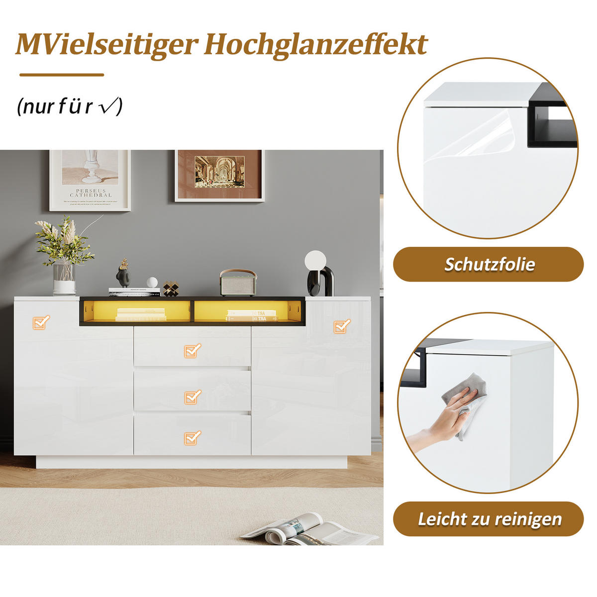 SIDEBOARD 140 cm 2 L-förmige Türen, 3 Schubladen, LED-Beleuchtung, Hochglanz Weiß & Schwarz - Weiß Hochglanz, Holzwerkstoff (140/48/60cm) - Urban Meuble