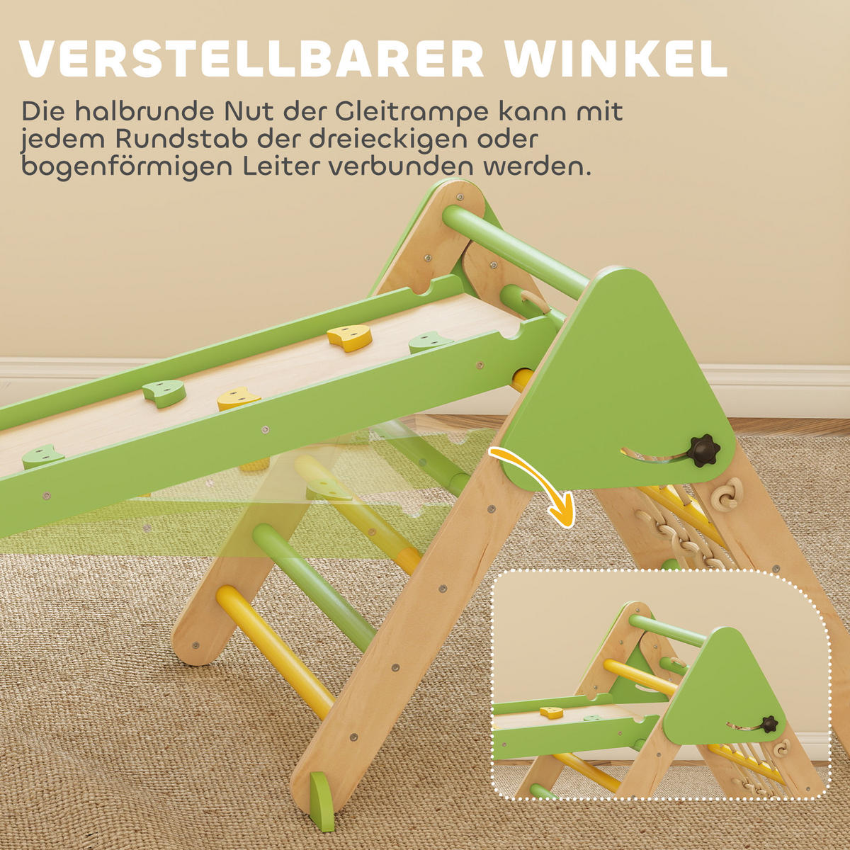 MONTESSORI-KLETTERGERÜST Holz Kletterdreieck mit Kletterbogen 8-in-1 - Grün, Holz (42/36/68.5cm) - AIYAPLAY