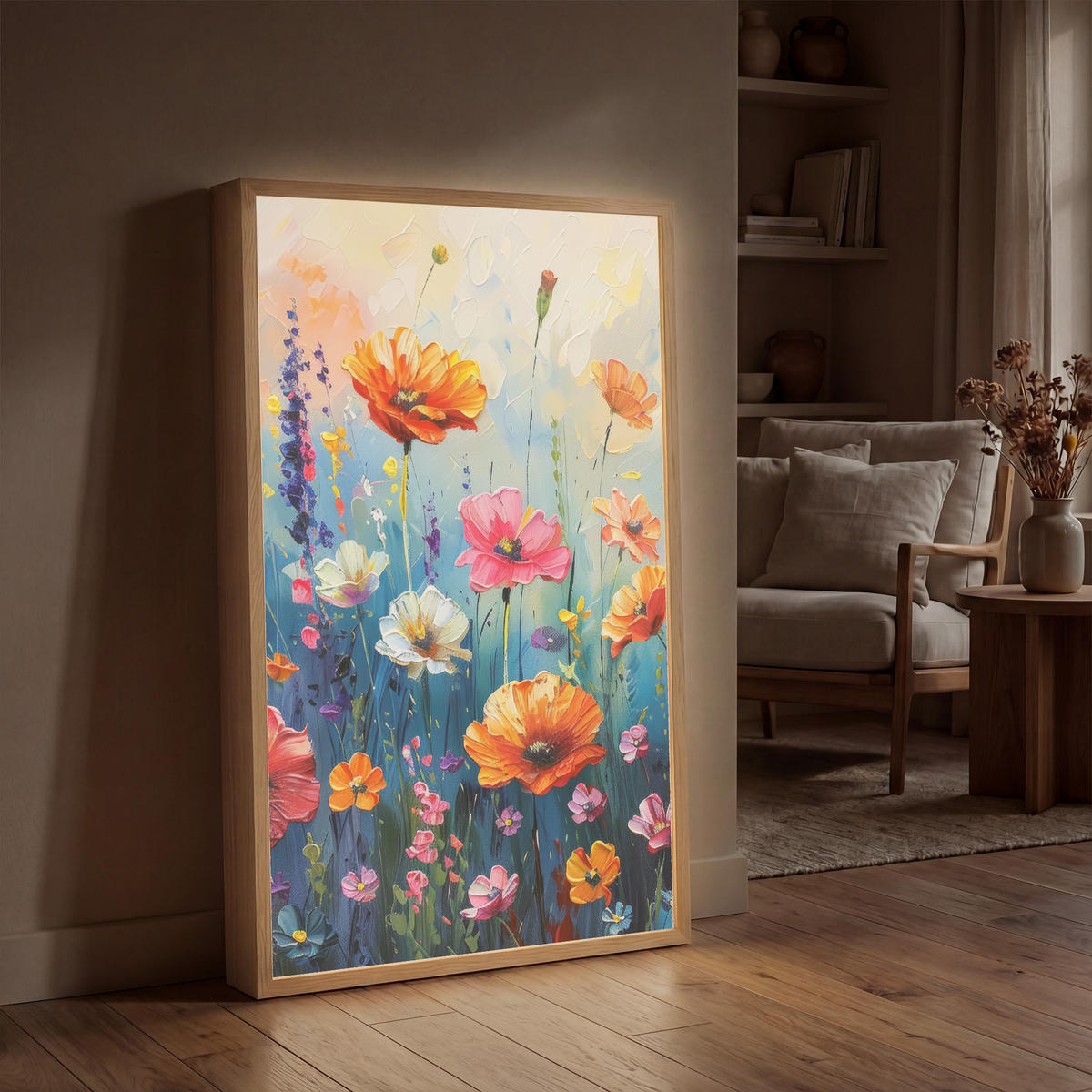 NÁSTĚNNÁ LAMPA S AKUMULÁTOREM Květiny - Příroda - Akvarel - Umění 60x90 cm - různobarevná, kompozitní dřevo (60/90/8cm) - OnlyWow