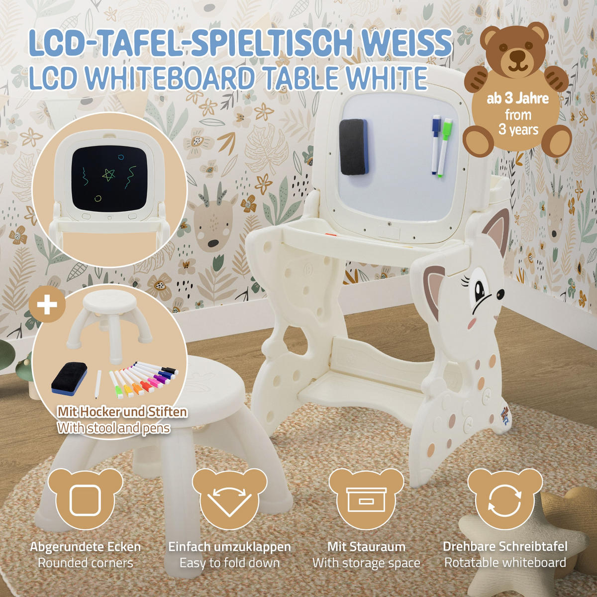 HRACÍ STOLEK bílý s LCD tabulí Dětská stolička a příslušenství - bílá, plast (41/76/45cm) - Joyz