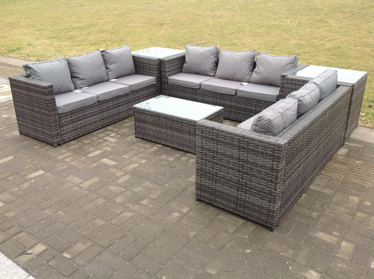 GARTENSET Polyrattan 9-Sitzer - Dunkelgrau/Grau, Glas/Kunststoff - Fimous