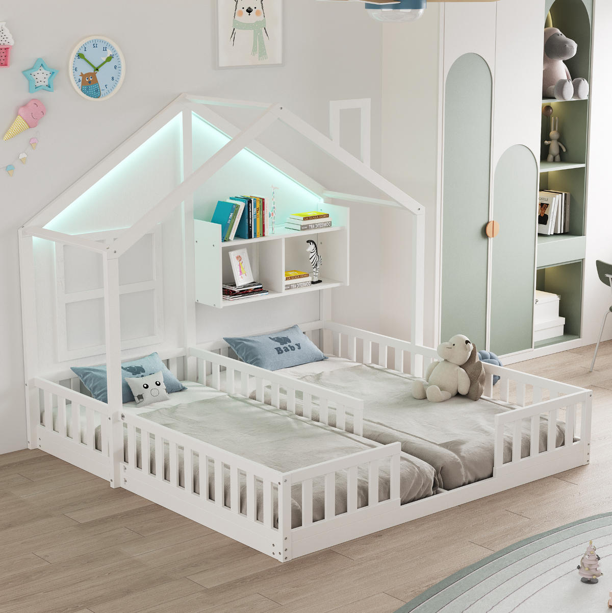 HAUSBETT 90/200 cm weiß aus Massivholz mit LED und Stauraum - Weiß, Holz (90/200cm) - OKWISH