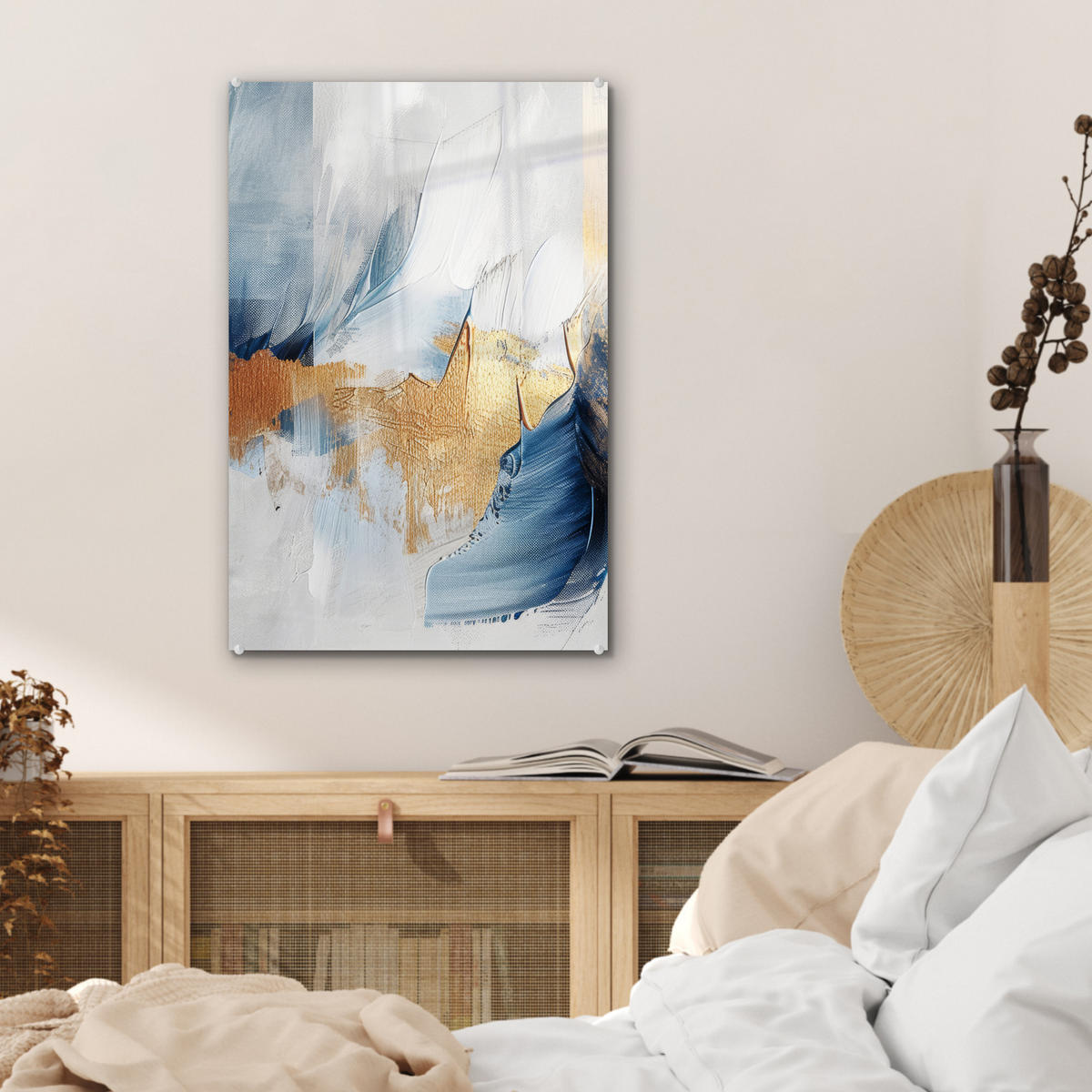 ACRYLGLASBILD Gold - Blau - Aquarell - Kunst - Modern 40x60 cm - Hellblau, Glas (40/60cm) - MuchoWow