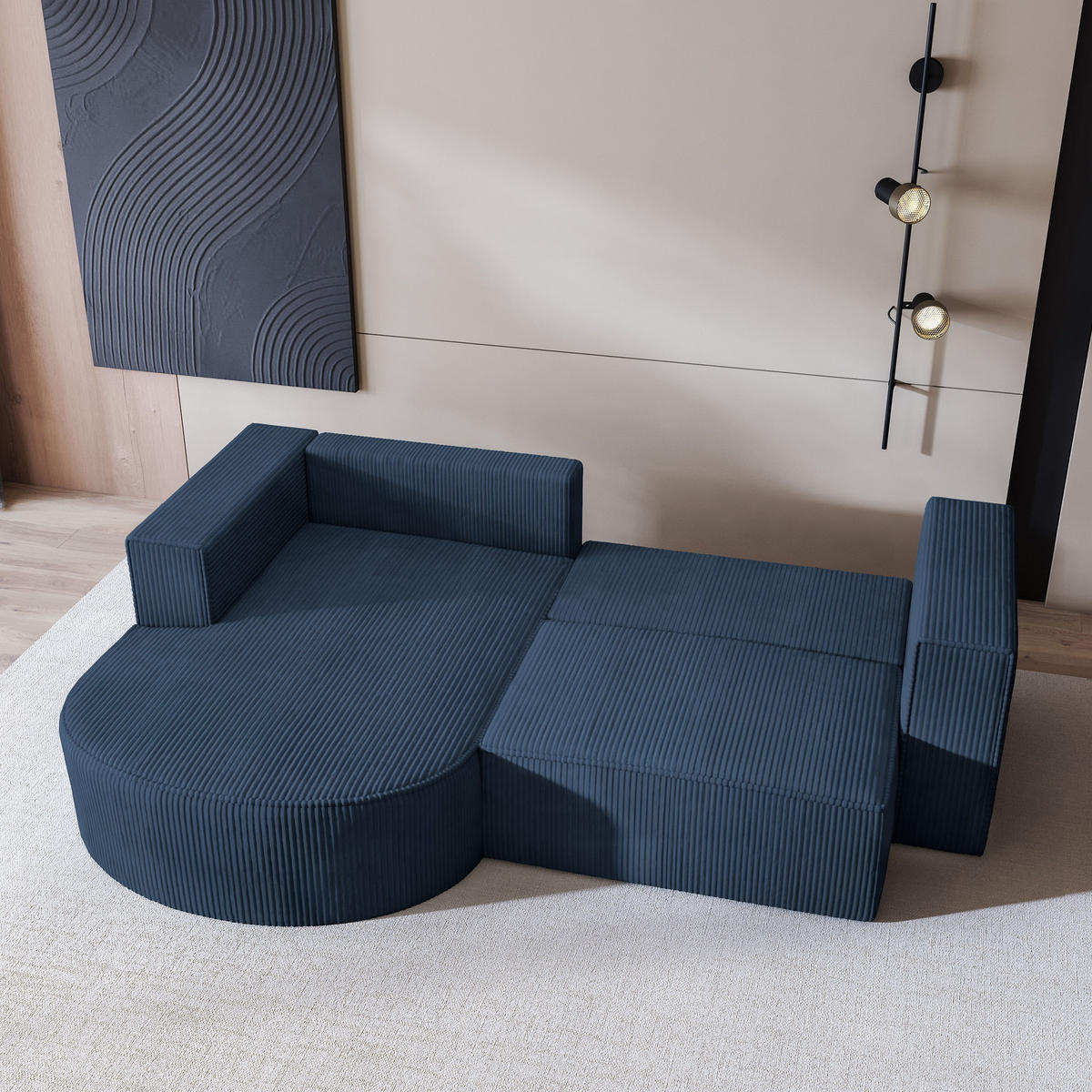 ECKSOFA SORELA P L-S Blau Kordstoff mit Schlaffunktion - Blau, Holz (263/174cm) - MASSENO