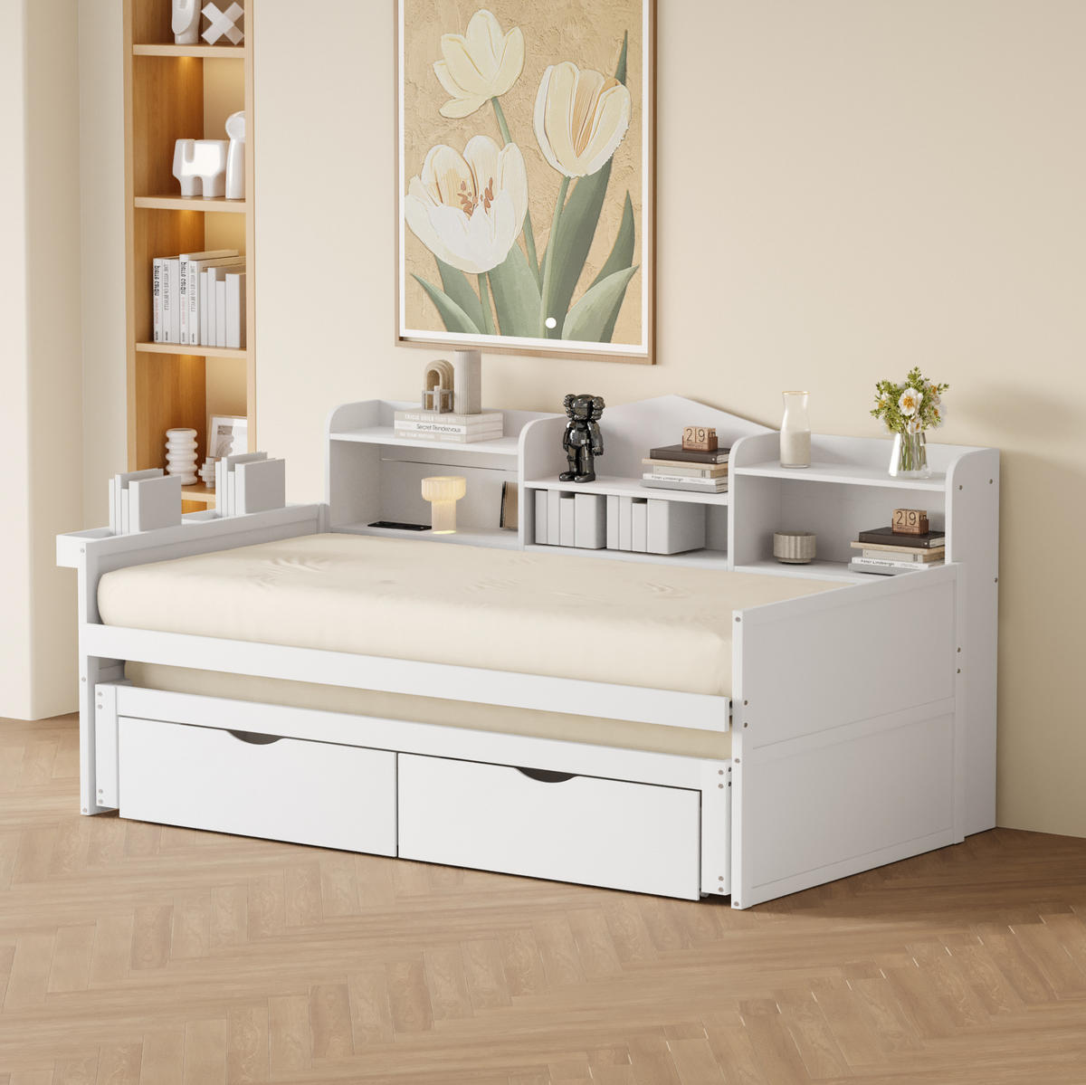 SCHLAFSOFA 90/200 cm mit Ausziehbett, USB-Anschluss und Stauraum, Holz, Weiß - Weiß, Holz (204.6/100/110cm) - Redom