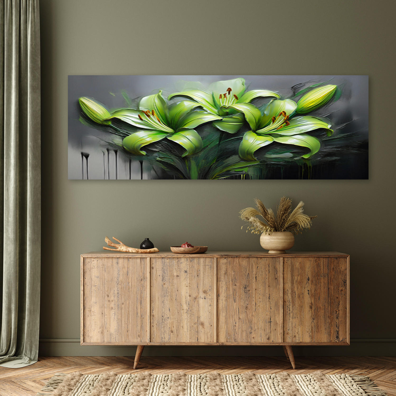 WANDBILD abstrakte grüne lilien gemalte blumen - Grün, Textil (90/30cm) - Feeby