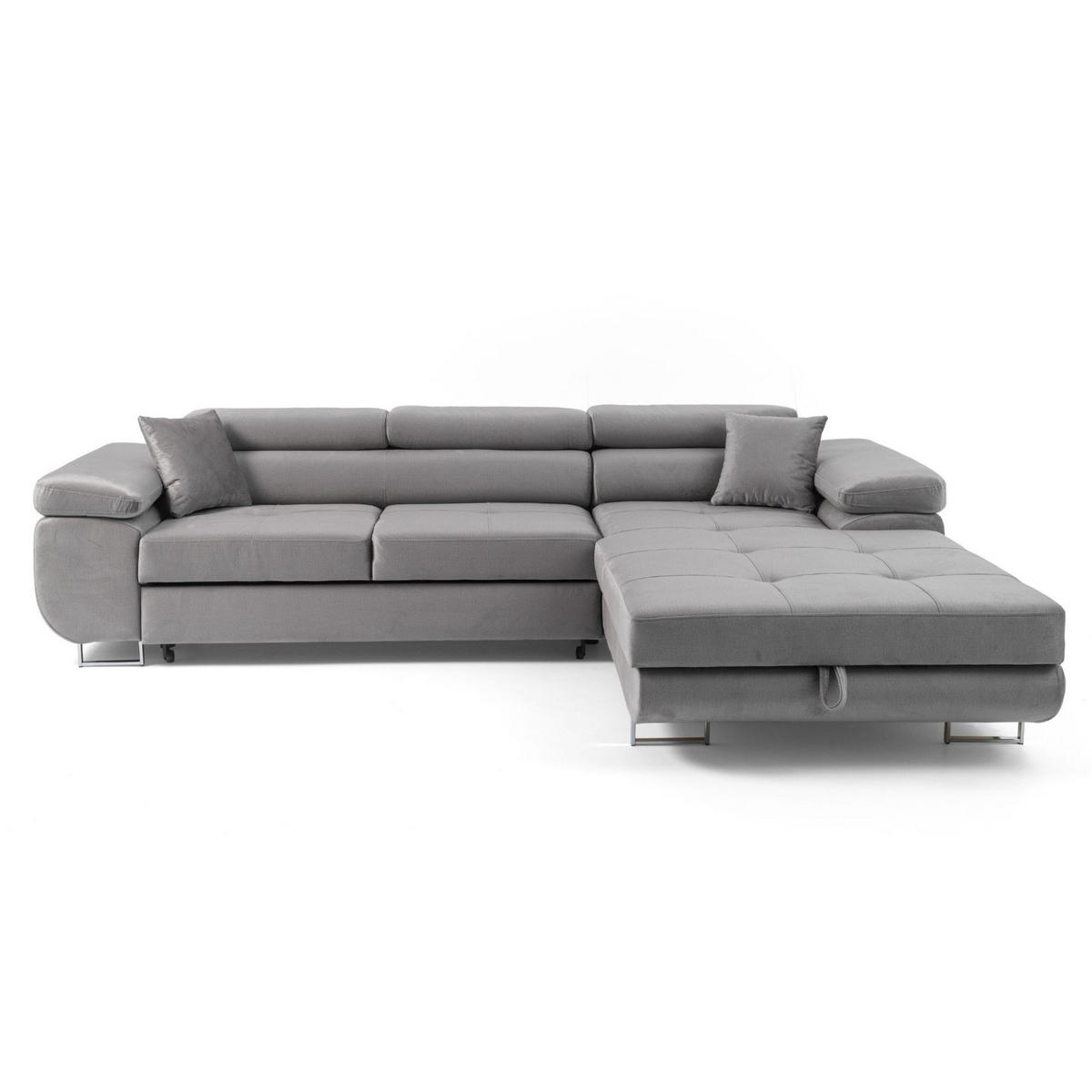 ECKSOFA ALONZO L Rechts mit Schlaffunktion 125x195 Velours Grau - Silberfarben/Grau, Holz/Textil (203/275cm) - Muffo