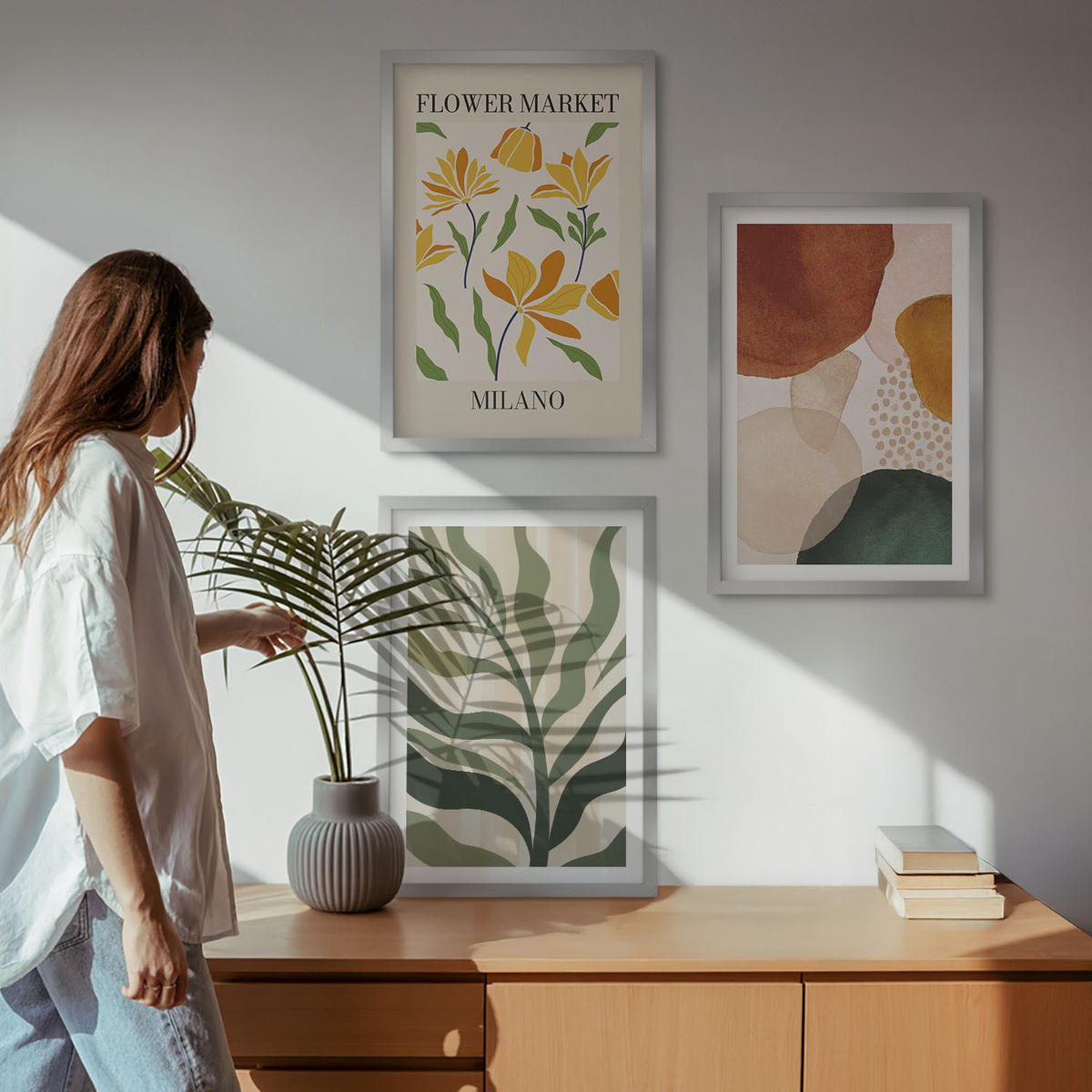 BILDER SET 3er Set - 40x60 cm Silberner Rahmen - Florale abstrakte Formen - Silberfarben, Kunststoff (40/60cm) - TULUP