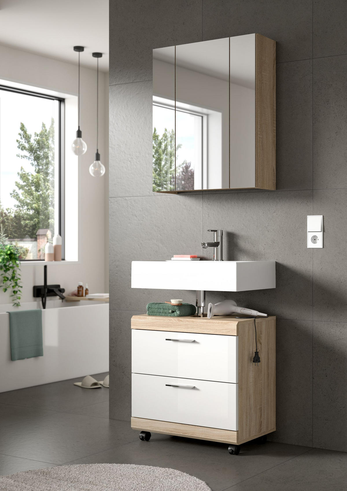 WASCHBECKENUNTERSCHRANK LAMBADA (B/H/T: ca. 60/60/34 cm) in Sonoma Eiche hell Nachbildung/weiß hochglanz - Sonoma Eiche, Holzwerkstoff (60/60/34cm)