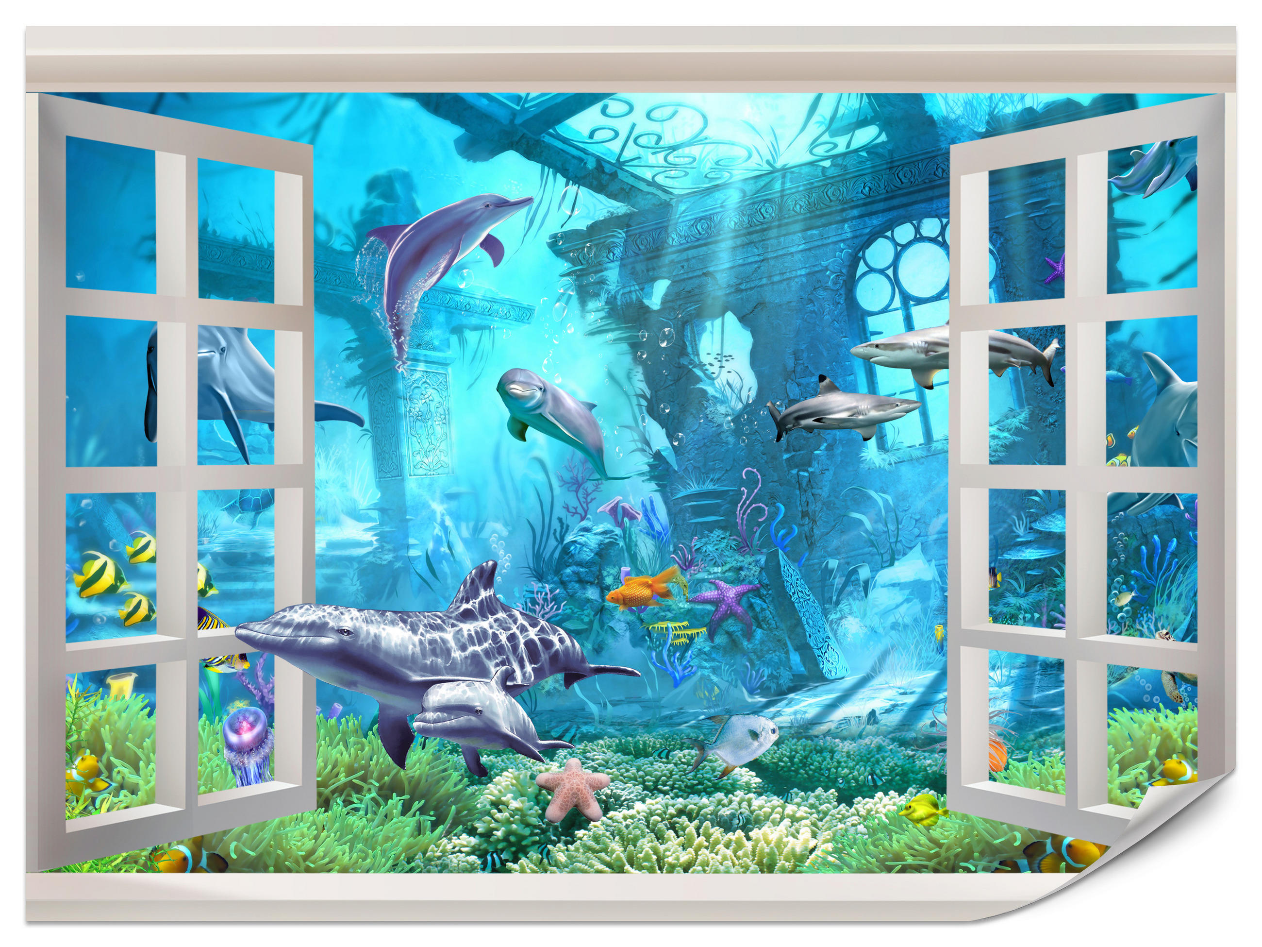 FOTOTAPETE für Schlafzimmer Fenster Unterwasserwelt Delfine Riff 300x210 - Blau/Weiß, Papier (300/210cm) - Muralo