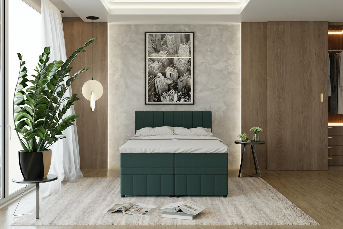 BOXBETT AVALON 140 x 200 cm mit Bettkasten und Topper - Dunkelgrün - Dunkelgrün, Holz - Panda Möbel