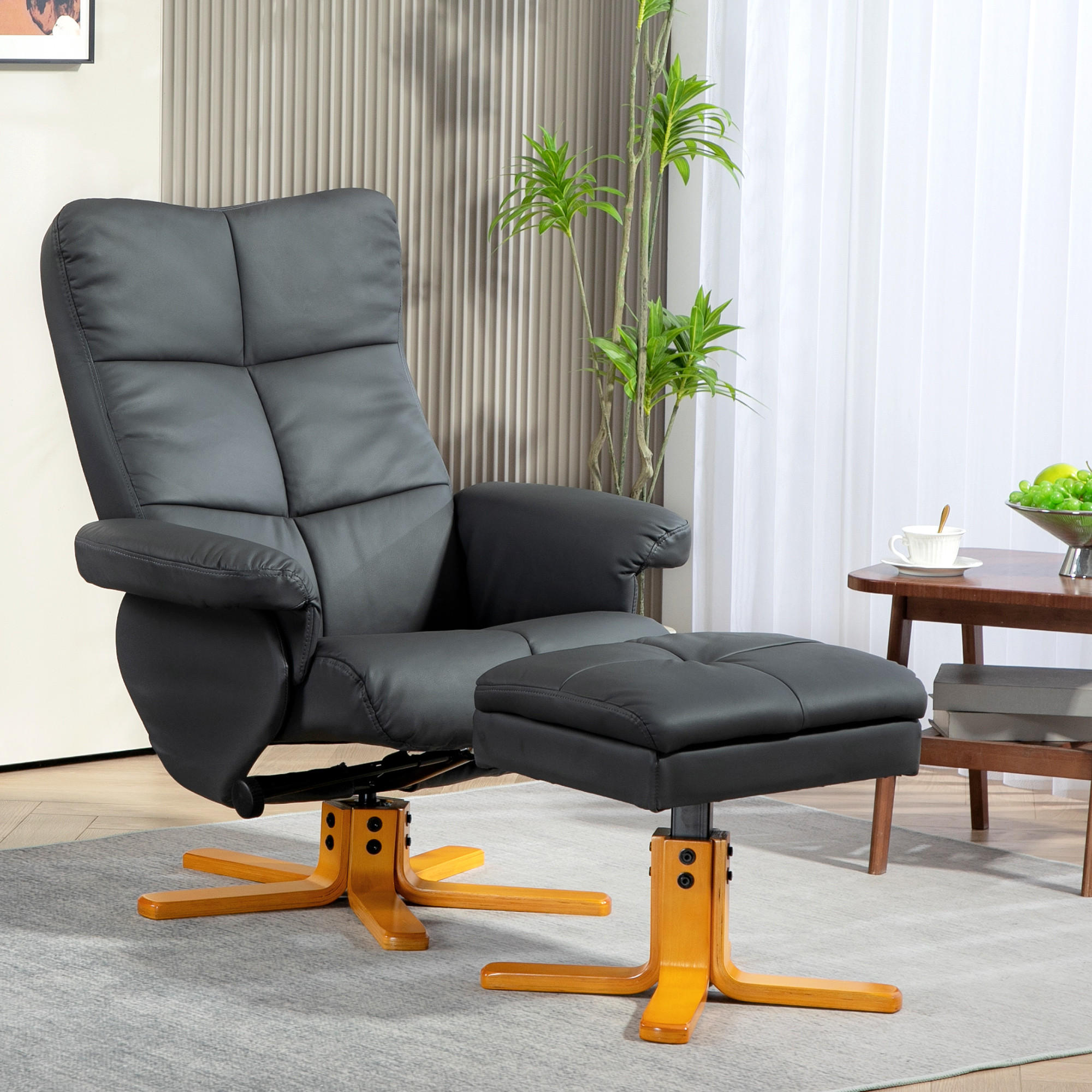 RELAXSESSEL mit Hocker, Stauraum, Fernsehsessel mit Liegefunktion, Dunkelgrau - Dunkelgrau/Braun, Holz (86/99/80cm) - HOMCOM