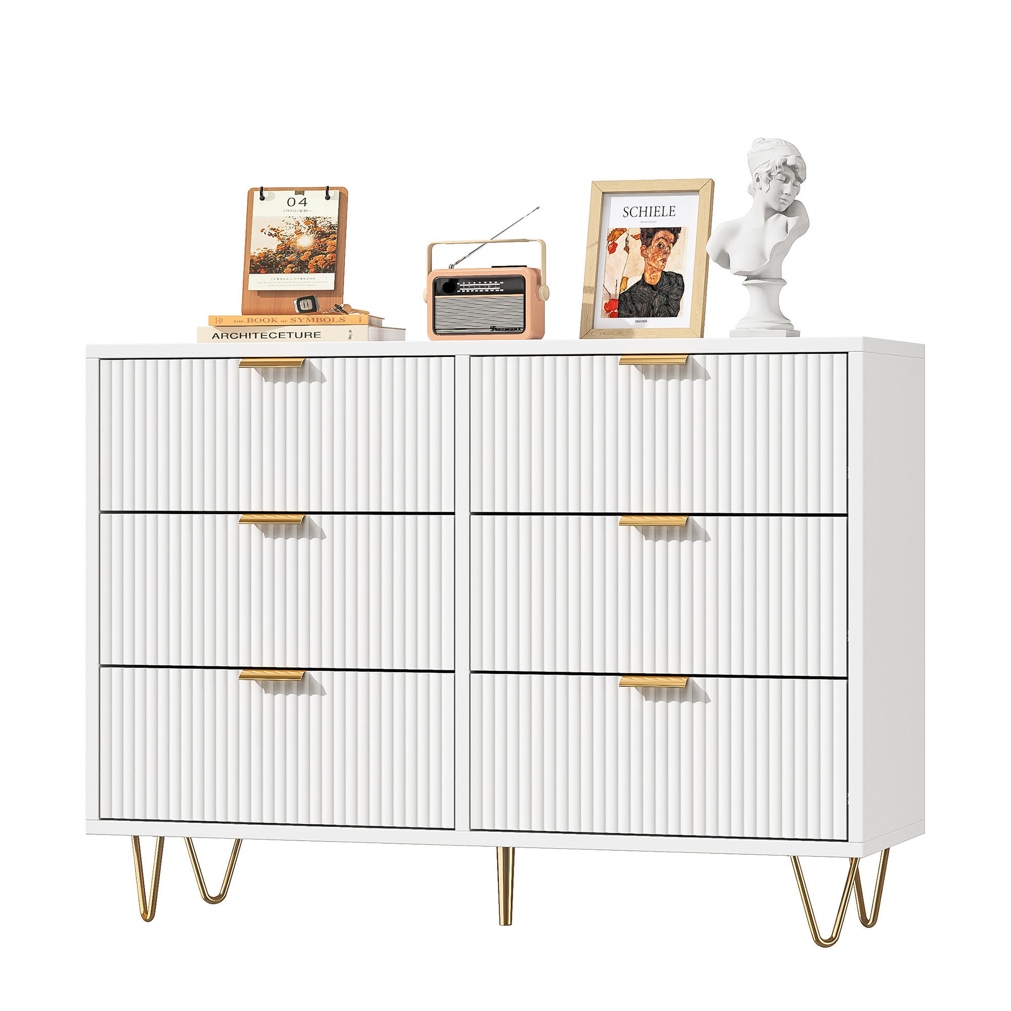 VITT skänk, 100 cm, med 6 lådor, räfflad design och guldfärgade metallfötter 73/34/100 cm
