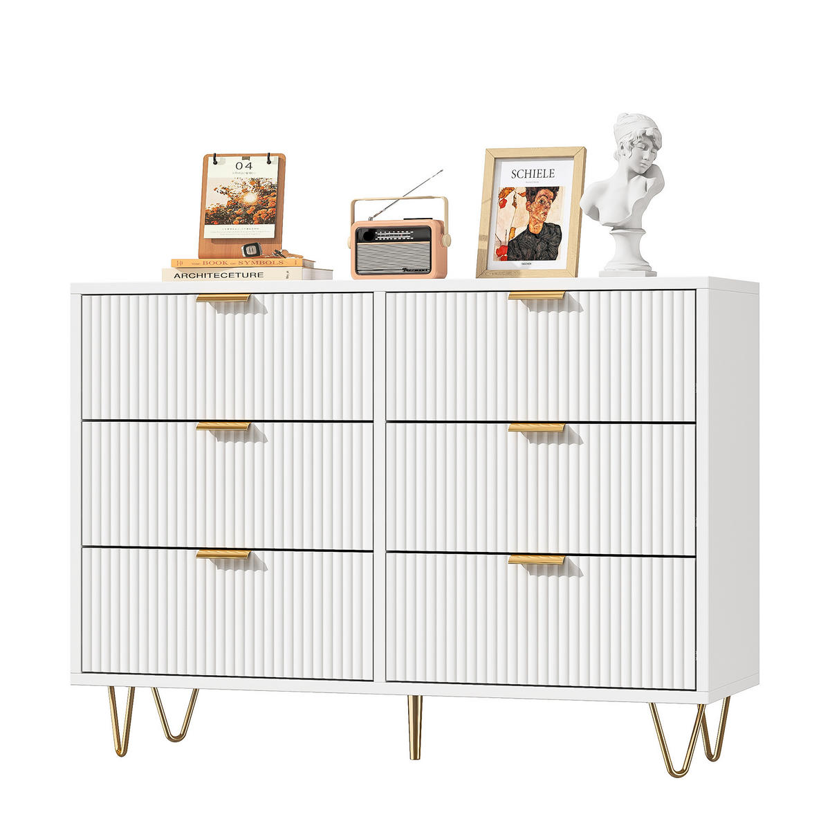 KOMMODE Modern‑Weiß mit vertikalem Rillendesign & goldenen Metallakzenten 34/100/73 cm - Weiß, Holz (100/73/34cm) - Joyfair