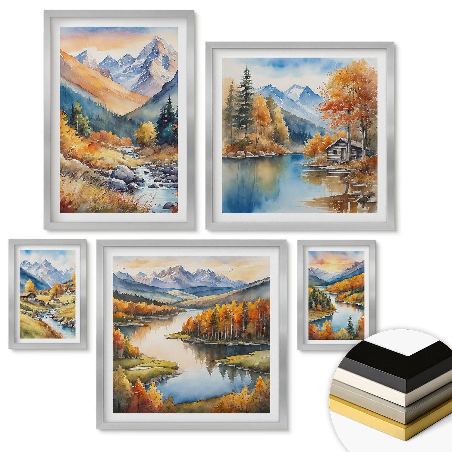 WANDBILDER 5er Set - 50x50 cm & 20x30 cm & 40x60 cm Silberner Rahmen - Berglandschaft, Flusshütten - Silberfarben, Kunststoff (40/60cm) - ArtPrintCave