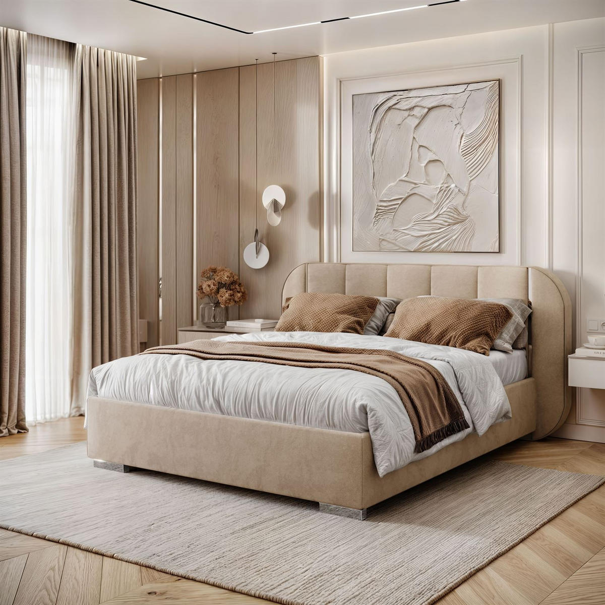 BETT AMARA SILVER 160x200 gepolstert mit Stauraum und Lattenrost, Royal Velvet 170 - Beige, Textil - Lookway