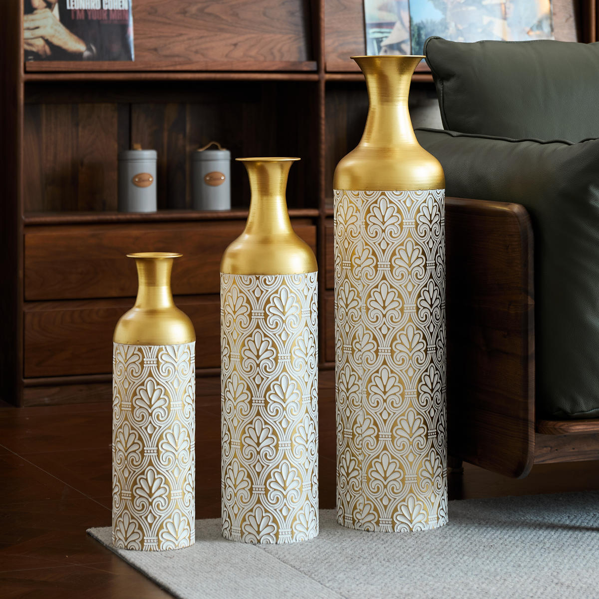 BODENVASE 3-tlg 50/66/83cm Bodenvase-Gold Metallvase mit Punkte-Muster Vintage-Übertopf - Goldfarben, Metall (91.45cm) - Raelunyi
