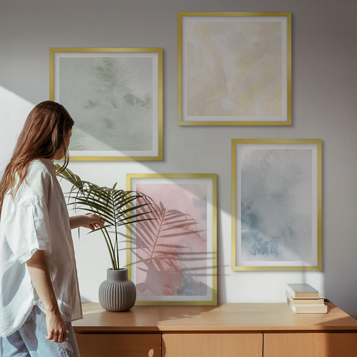 WANDBILDER 4er Set - 50x50 cm & 40x60 cm Goldrahmen - Aquarellfarben in Pastellfarben - Goldfarben, Kunststoff (50/50cm) - ArtPrintCave