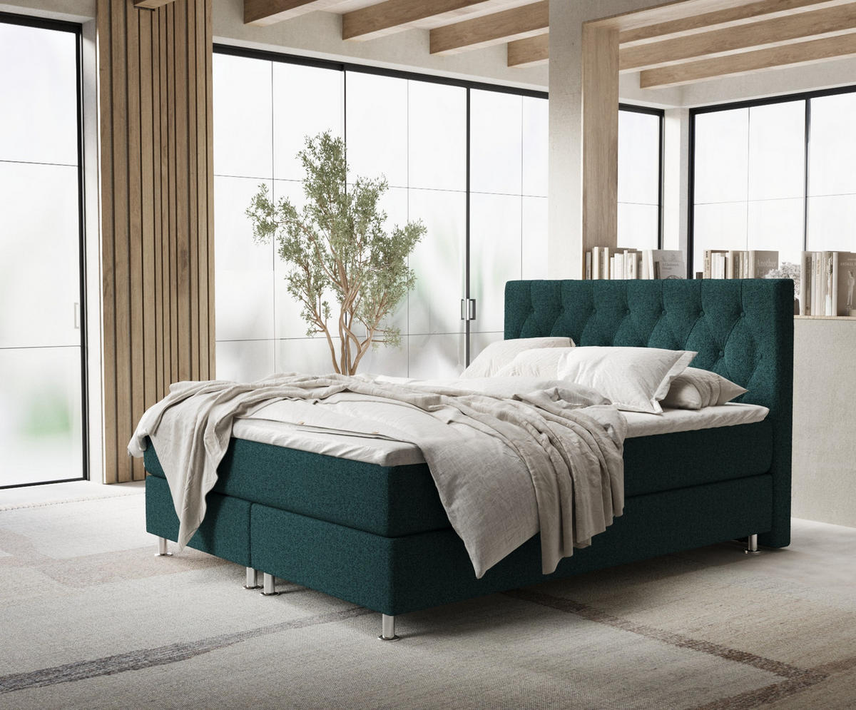 BOXSPRINGBETT Excelsior Grün 140/200 cm mit Latex-Topper - Silberfarben/Grün, Holz/Holzwerkstoff (140/200cm) - Maison de Reve