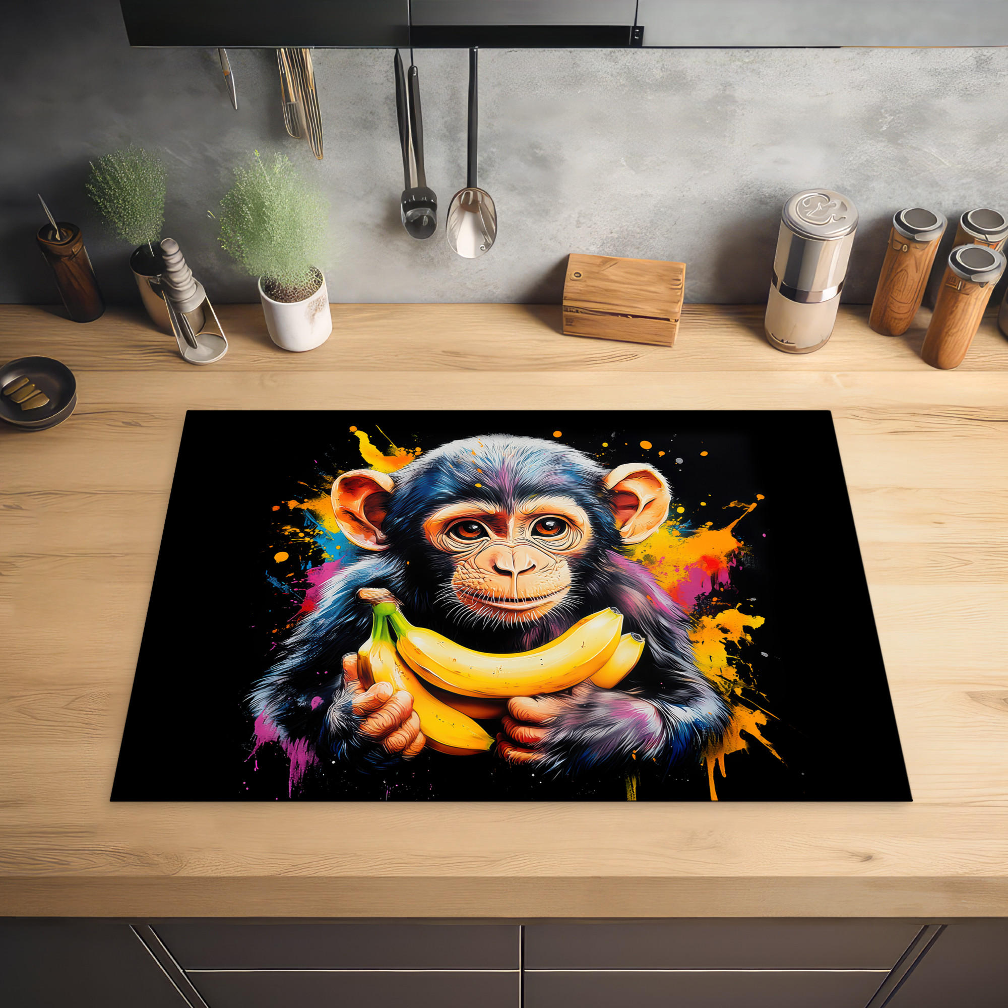 HERDABDECKPLATTE Affe - Graffiti - Farbenfroh - Bananen - Modern 75x52 cm - Gelb, Kunststoff (75/0.2/52cm) - MuchoWow