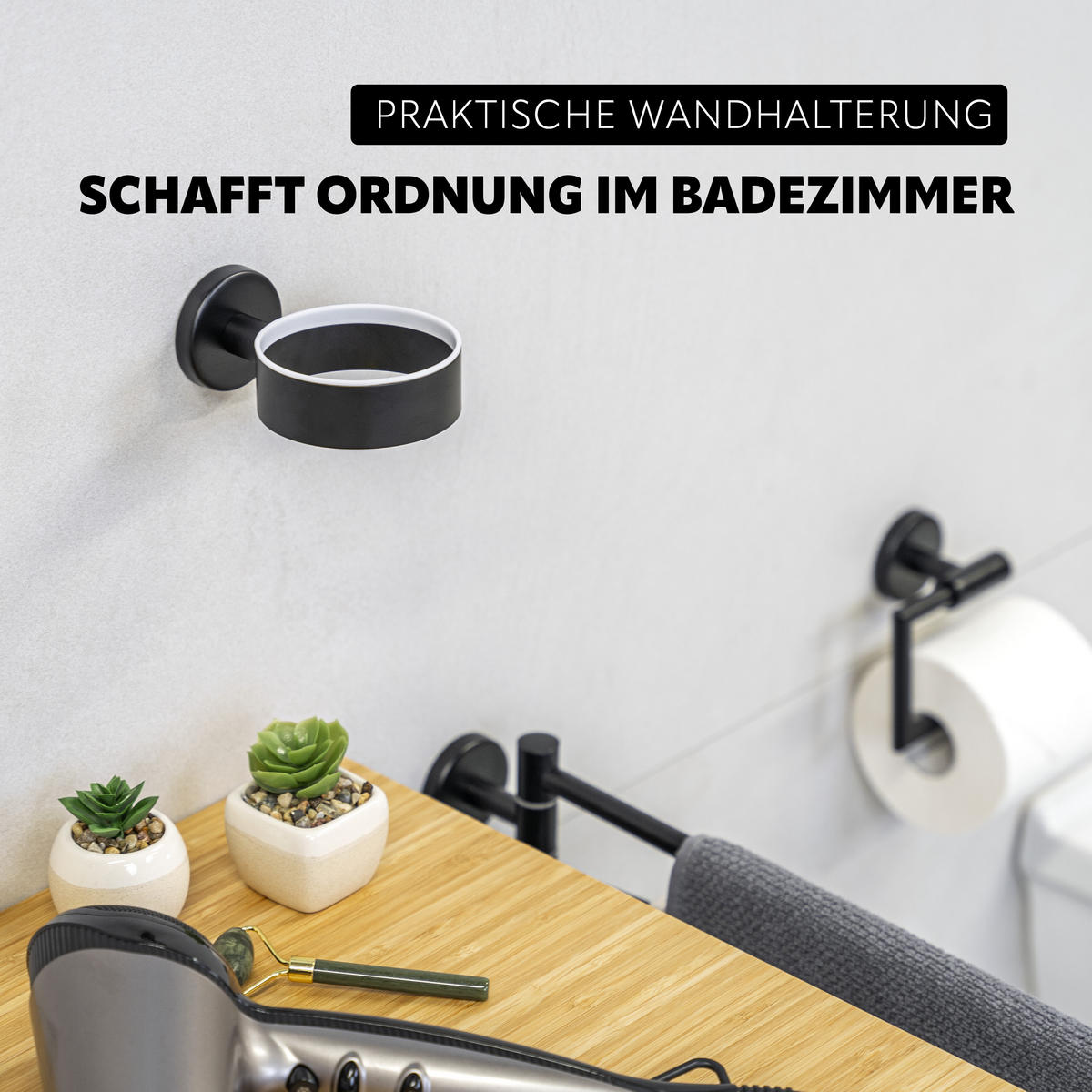 HAARTROCKNERHALTER PIAZZA BLACK, schwarz, Edelstahl - Schwarz, Kunststoff (10/5.8/14.5cm) - bremermann