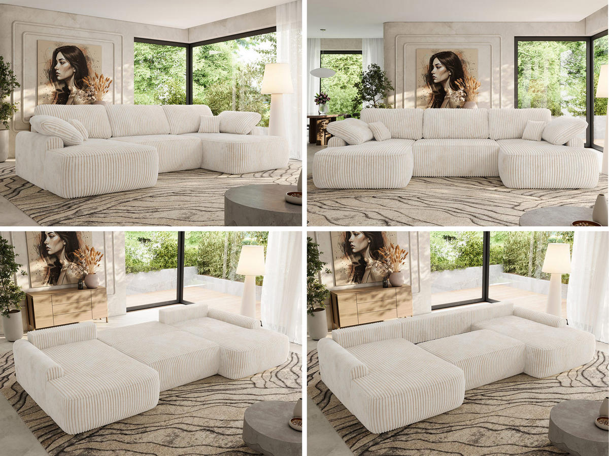 WOHNLANDSCHAFT CUBO U Creme Cord - Creme/Schwarz, Kunststoff/Textil (370/100/187cm) - MKS