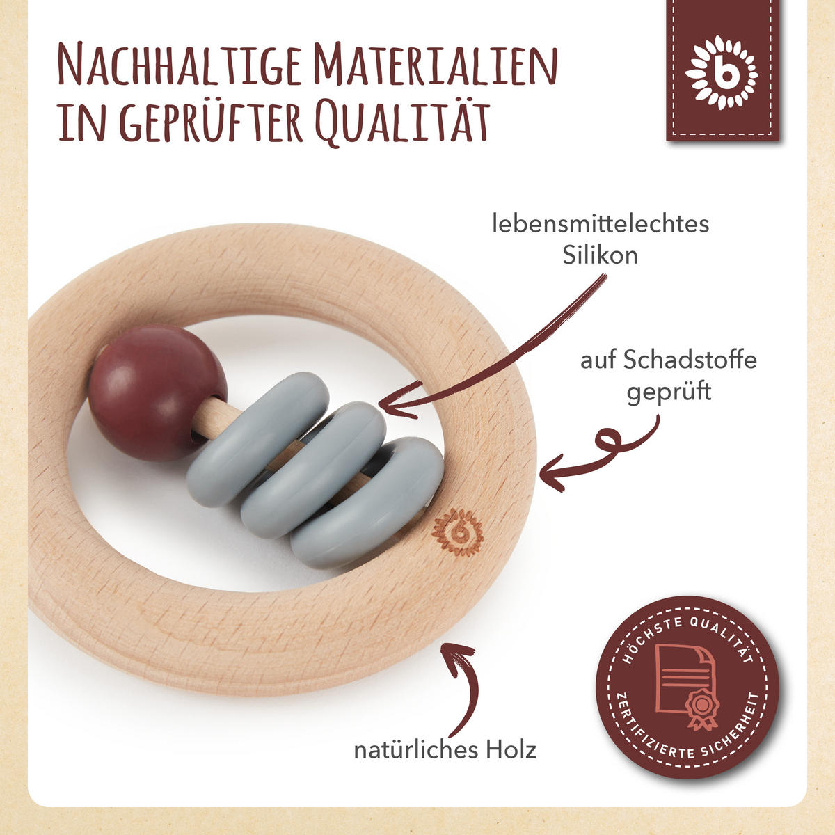 HOLZ Beißring mit Silikonball Rund - ab - Multicolor, Holz (8/8cm) - Bieco Spielwaren