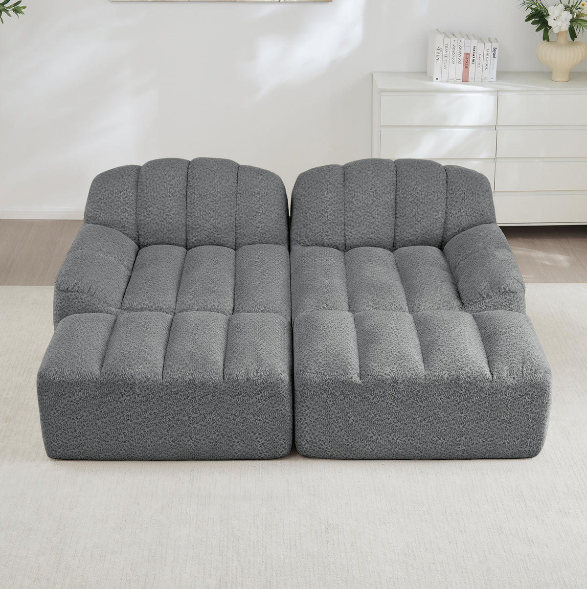 SOFA 210/165/79 cm in Grau aus granuliertem Fleece mit Ottoman - Grau, Textil (165/79/210cm) - Flora Grace