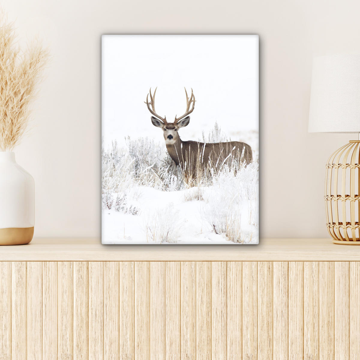 LEINWANDBILD Hirsche - Winter - Schnee - Tiere - Jahreszeiten - Weiß 30x40 cm - Hellbraun, Textil (30/40cm) - MuchoWow