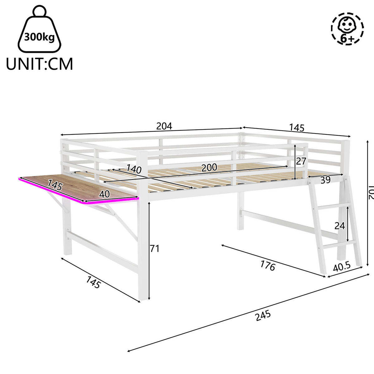 HOCHBETT 140/200 cm Weiß mit Leiter, Schreibtisch und LED ohne Matratze - Weiß, Metall (140/200cm) - MIVRAY