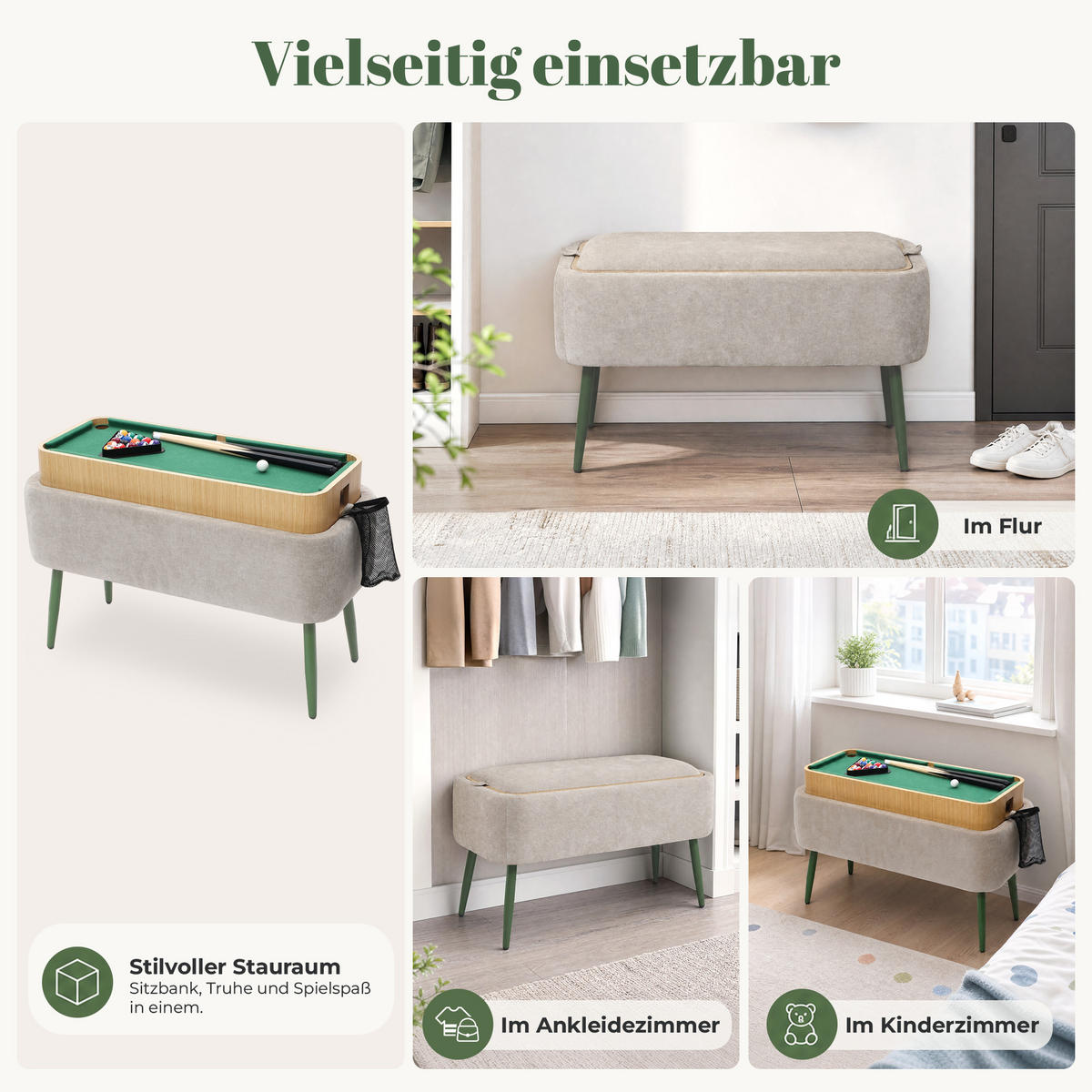 SITZBANK mit Stauraum, Polsterbank mit Mini-Billard, Beige - Grau, Holzwerkstoff (35.5/47/77.5cm) - Hometopia