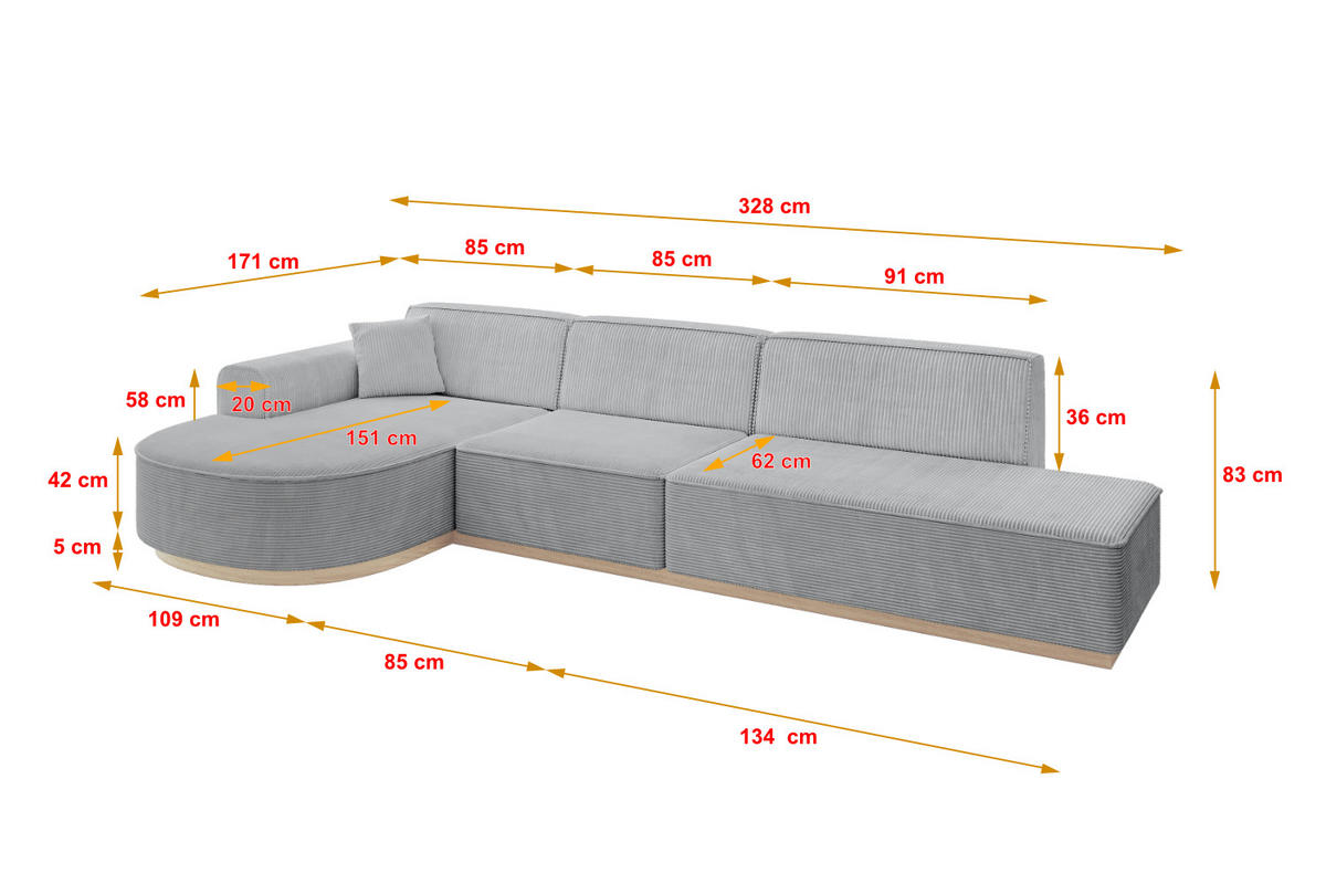 ECKSOFA Ottomane Links ARRIO-L2 - 328x171x83 cm Grau - Grau, Holzwerkstoff/Textil (328/171cm) - ALTDECOR