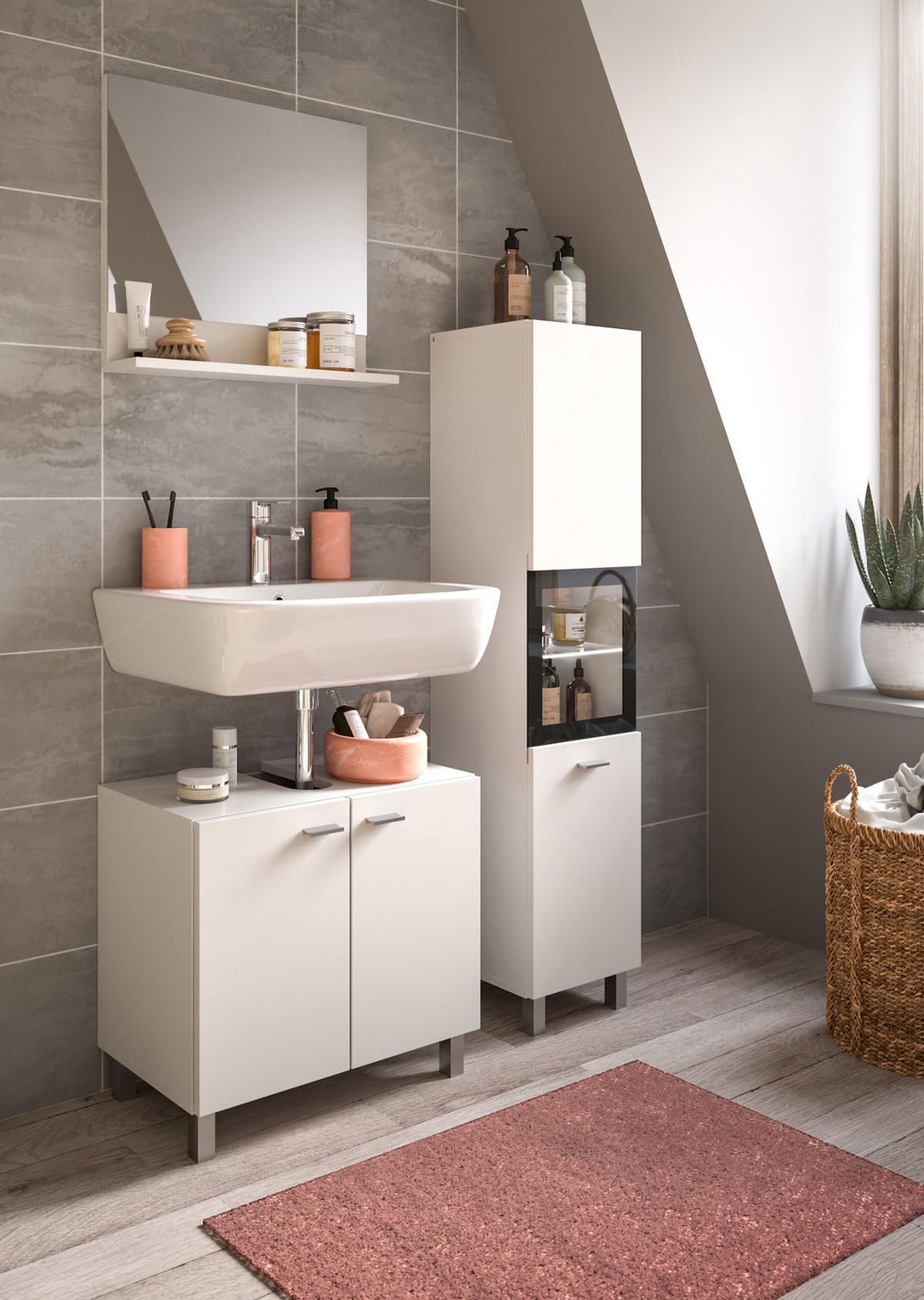 BADMÖBEL-SET weiß 3-teilig 100 cm, Kombination hängend oder stehend - Weiß, Glas/Holzwerkstoff (102/186/33cm) - Inn.Furn