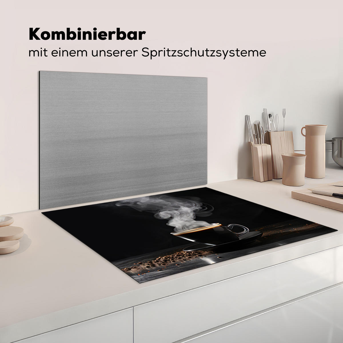 HERDABDECKPLATTE Kaffee - Schwarz - Bohnen - Heiß - Tasse Induktionsmatte 77x59 cm - Schwarz, Kunststoff (77/59/0.2cm) - MuchoWow