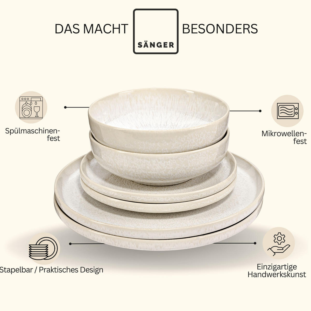 KOMBISERVICE KORFU - 16 teilig aus Steingut - Creme, Stein (27/27/27cm) - Sänger